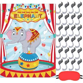 ألعاب PACCITO CIRCUS Party PIN The Tail on the Elephant Carnival Games Decorations Poster Barge with 24pcs felephant tail stickers leblay carnival pin for circus clown birdusts supplies