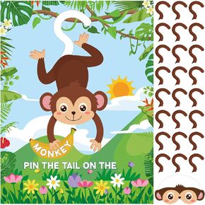 ألعاب الحيوانات في Faccito Jungle Pin The Tail on the Monkey Safari Animal Birthday Party Games مع ملصقات Monkey 24 PCS وعصاباتها معصوبها