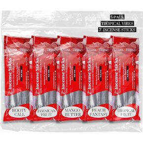 Tropical Vibes 7'' Incense Sticks - Variety Set 500 Pack - 7 inch - 5 Bundles 100 Sticks Per Fragrance Scent. Set Features Booty Call, Jamaican Fruit, Mango Butter, Peach Fantasy, Tropical Fruit
