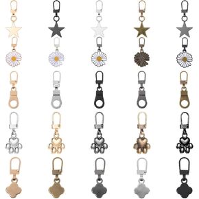 Hjzhii 25pcs Zipper Zipper Pull Place ، النجم العالمي Daisy Dogy Paw Four Leaf clover slover shipper shipper tabs sthipper تسحب مجموعة مجموعة الإصلاح لسترات الظهر على الظهر معاطف محافظ الظهر