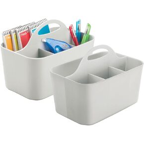 mDesign Plastic Small Office Storage Organizer Utility Tote Caddy with Handle for Cabinets, Desks, Workspaces - Holds Desktop Office Supplies, Pencils, Staplers Lumiere Collection, 2 Pack, Light Gray