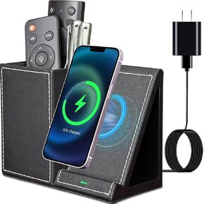 KINGFOM PU Leather Desk Organizer with Wireless Charging Station for iPhone, 10W Wireless Charger for iPhone 14/14 Pro/13/12/Samsung Galaxy S23/S22/S21/Note 20/Note 10(Black-L)