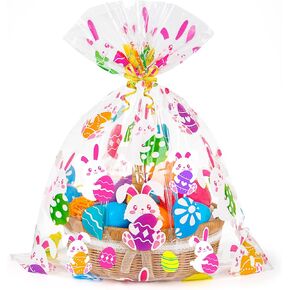 CUDICY Easter Bags 10pcs Large Cellophane Bags 24x30 Inch Cellophane Wrap for Gift Baskets Plastic Gift Wrapping Clear Gift Bags (Easter eggs, Bunny) in Kuwait