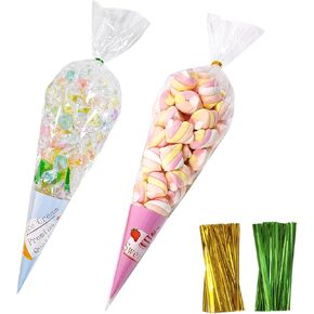 أكياس علاج السيلوفان على شكل مخروطي: 100 pcs 6.3 × 11.8 بوصات أكياس واضحة أكياس تشيلو تريانجل - أكياس مخروطة بلاستيكية مع روابط تويست لعلاج الفشار الحلوى الجيدة والهدايا الحزبية.