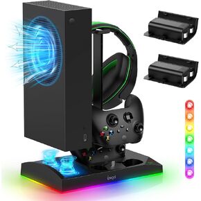 محطة شحن مروحة تبريد RGB مطورة لوحدة التحكم ووحدة التحكم Xbox Series S، قاعدة شحن مزدوجة وحامل نظام تبريد مع 15 ملحقًا لوضع الإضاءة الملونة مع بطارية قابلة لإعادة الشحن 2 × 1400 مللي أمبير في الساعة in Kuwait