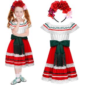 2 Pcs Cinco De Mayo Girl's Traditional Mexican Costume Set with Flower Crown Headband for Mexican Cultural Fiesta