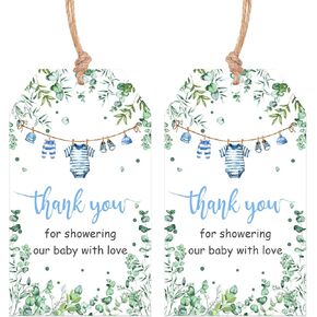 Serencatcher Baby Shower Thank You Tags Boy ، 50pcs Greenery Boy Boy Cloths شكرًا لك على علامات مع سلسلة شكرًا لك على الاستحمام طفلنا مع علامات الحب لصالح حفلات استحمام الطفل