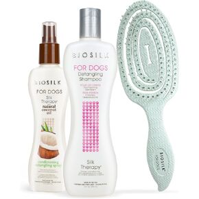 Biosilk Grooming Kit - تشمل شامبو الكلاب العلاج الحريري ، ورذاذ التكييف ، وفرشاة الدبوس - يستعيد الرطوبة
