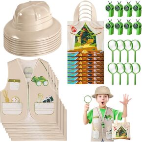 Haysandy 48 PCS Kids Explorer Costume Set Safari Steps Hats Tothits Bag Compass Whistle Glass Glass for Jungle Zoo Rainforest Party