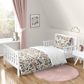 Sweet Jojo Designs Vintage Floral Boho Girl Toddler Kid Childrens Comforter Bedding Set - 5 Pieces Comforter, Sham and Sheets - Blush Pink, Yellow, Green and White Shabby Chic Rose Flower Farmhouse