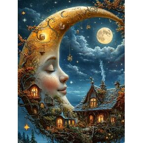 MBNTJHT MOON Diamond Art Kits للبالغين المبتدئين ، مجموعات الطلاء الماس الجولة الجارية ، DIY Treehouse Painting by Diamonds Hable for Home Wall Decords 12 × 16inch