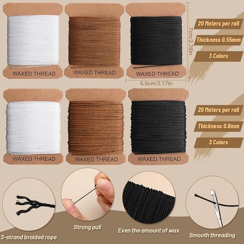 IMZAY 132 Yards Upholstery Repair Kit, 0.55MM and 0.8MM Waxed Sewing Thread with 14 PCS Heavy Duty Needles, Thimbles for Leather Sewing, Bookbinding, Beading, Stitching (3 Colors) in Kuwait