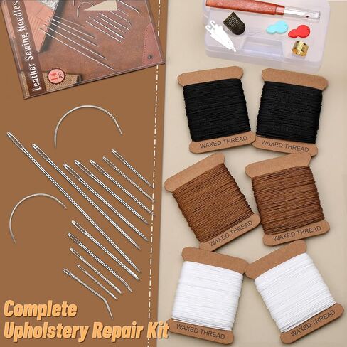 IMZAY 132 Yards Upholstery Repair Kit, 0.55MM and 0.8MM Waxed Sewing Thread with 14 PCS Heavy Duty Needles, Thimbles for Leather Sewing, Bookbinding, Beading, Stitching (3 Colors) in Kuwait