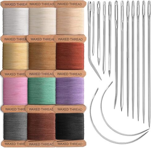 IMZAY 132 Yards Upholstery Repair Kit, 0.55MM and 0.8MM Waxed Sewing Thread with 14 PCS Heavy Duty Needles, Thimbles for Leather Sewing, Bookbinding, Beading, Stitching (3 Colors) in Kuwait