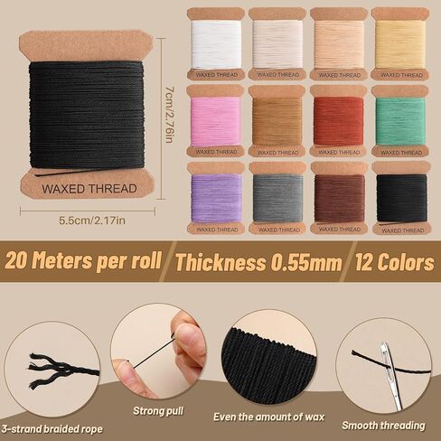 IMZAY 132 Yards Upholstery Repair Kit, 0.55MM and 0.8MM Waxed Sewing Thread with 14 PCS Heavy Duty Needles, Thimbles for Leather Sewing, Bookbinding, Beading, Stitching (3 Colors) in Kuwait