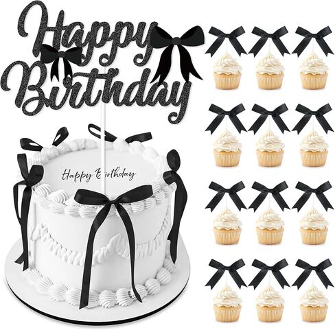 Blue Bow Birthday Decorations with Happy Birthday Sign, 6Pcs Ribbion Bow Cake Topper & 12Pcs Bow Cupcake Toppers, Bow Party Cake Decor, Tying the Knot Bridal Shower Party Supplies in Saudi Arabia