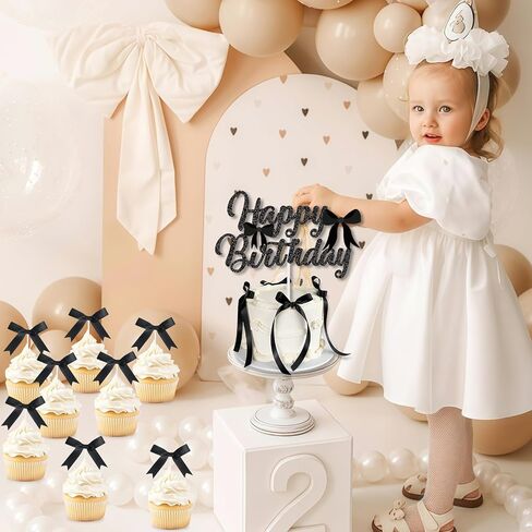 Blue Bow Birthday Decorations with Happy Birthday Sign, 6Pcs Ribbion Bow Cake Topper & 12Pcs Bow Cupcake Toppers, Bow Party Cake Decor, Tying the Knot Bridal Shower Party Supplies in Saudi Arabia