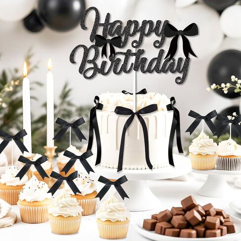 Blue Bow Birthday Decorations with Happy Birthday Sign, 6Pcs Ribbion Bow Cake Topper & 12Pcs Bow Cupcake Toppers, Bow Party Cake Decor, Tying the Knot Bridal Shower Party Supplies in Saudi Arabia