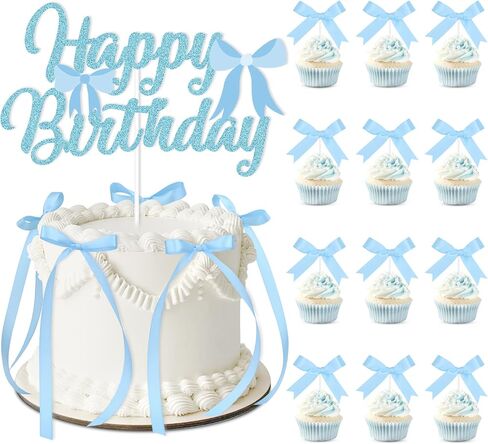 Blue Bow Birthday Decorations with Happy Birthday Sign, 6Pcs Ribbion Bow Cake Topper & 12Pcs Bow Cupcake Toppers, Bow Party Cake Decor, Tying the Knot Bridal Shower Party Supplies in Saudi Arabia