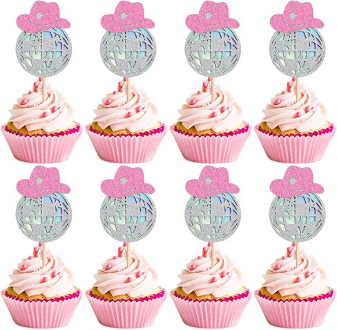 24 Sparkling Disco Ball Cowboy Hat Cupcake Topper Western Disco Ball Paper Cupcake Topper Selection Birthday Disco 2000s Theme Party Single Women's Birthday Party Supplies Pink in Saudi Arabia