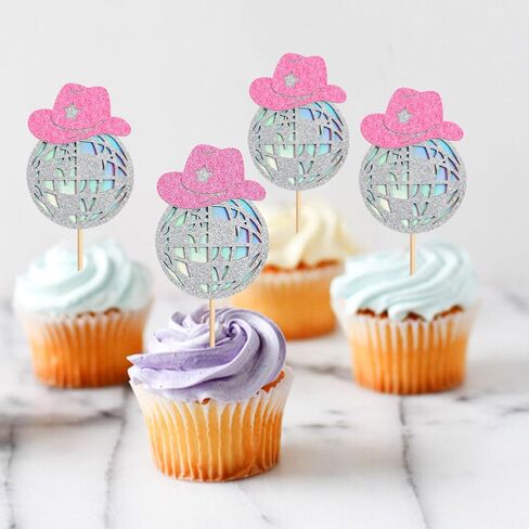 24 Sparkling Disco Ball Cowboy Hat Cupcake Topper Western Disco Ball Paper Cupcake Topper Selection Birthday Disco 2000s Theme Party Single Women's Birthday Party Supplies Pink in Saudi Arabia