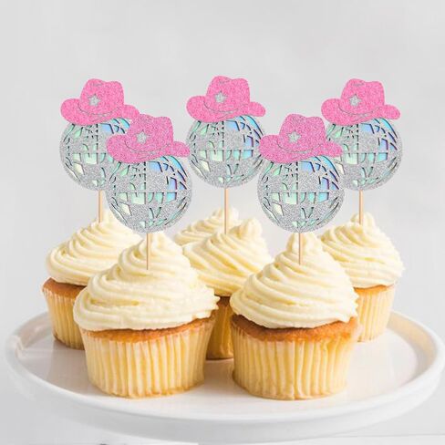24 Sparkling Disco Ball Cowboy Hat Cupcake Topper Western Disco Ball Paper Cupcake Topper Selection Birthday Disco 2000s Theme Party Single Women's Birthday Party Supplies Pink in Saudi Arabia