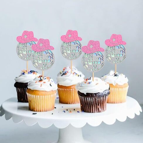 24 Sparkling Disco Ball Cowboy Hat Cupcake Topper Western Disco Ball Paper Cupcake Topper Selection Birthday Disco 2000s Theme Party Single Women's Birthday Party Supplies Pink in Saudi Arabia