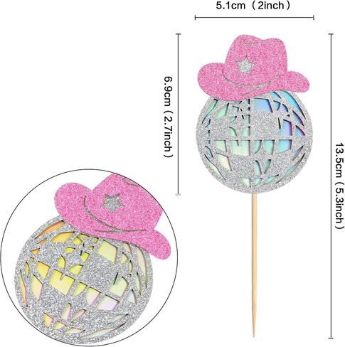 24 Sparkling Disco Ball Cowboy Hat Cupcake Topper Western Disco Ball Paper Cupcake Topper Selection Birthday Disco 2000s Theme Party Single Women's Birthday Party Supplies Pink in Saudi Arabia