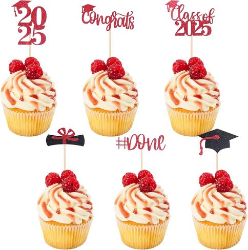 STARSIDE Graduation Cake Toppers,48 PACK Cupcake Toppers,Red and Black Graduation Cake Decoration for 2025 Grad in Kuwait