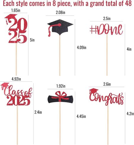 STARSIDE Graduation Cake Toppers,48 PACK Cupcake Toppers,Red and Black Graduation Cake Decoration for 2025 Grad in Kuwait
