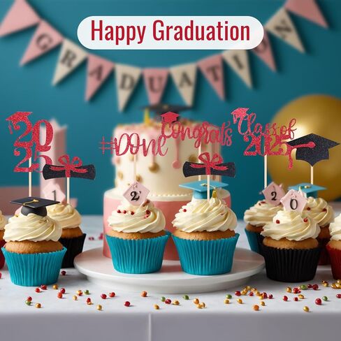 STARSIDE Graduation Cake Toppers,48 PACK Cupcake Toppers,Red and Black Graduation Cake Decoration for 2025 Grad in Kuwait
