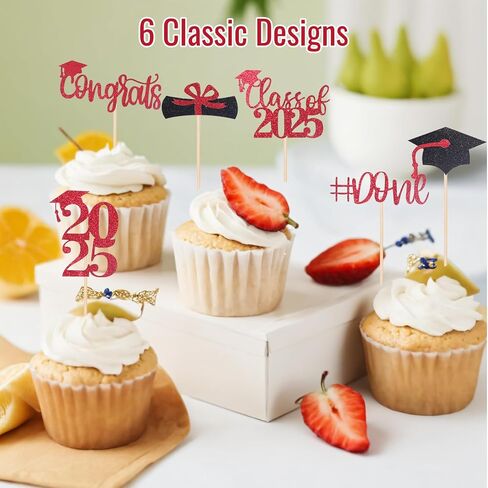 STARSIDE Graduation Cake Toppers,48 PACK Cupcake Toppers,Red and Black Graduation Cake Decoration for 2025 Grad in Kuwait