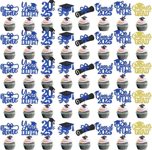 تخرج Cupcake Toppers 2025 فئة زخارف التخرج من 2025 Cupcake يختار 2025 Cupcake Toppers Grad Grad Decorations 2025 (40pcs Blue Glitter) in Kuwait