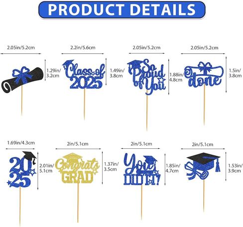 تخرج Cupcake Toppers 2025 فئة زخارف التخرج من 2025 Cupcake يختار 2025 Cupcake Toppers Grad Grad Decorations 2025 (40pcs Blue Glitter) in Kuwait