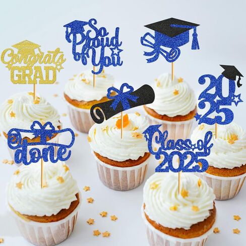 تخرج Cupcake Toppers 2025 فئة زخارف التخرج من 2025 Cupcake يختار 2025 Cupcake Toppers Grad Grad Decorations 2025 (40pcs Blue Glitter) in Kuwait