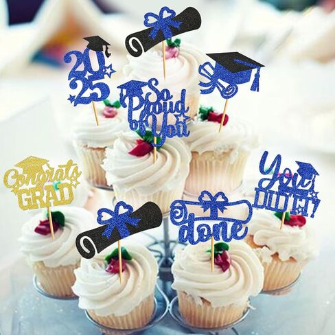 تخرج Cupcake Toppers 2025 فئة زخارف التخرج من 2025 Cupcake يختار 2025 Cupcake Toppers Grad Grad Decorations 2025 (40pcs Blue Glitter) in Kuwait