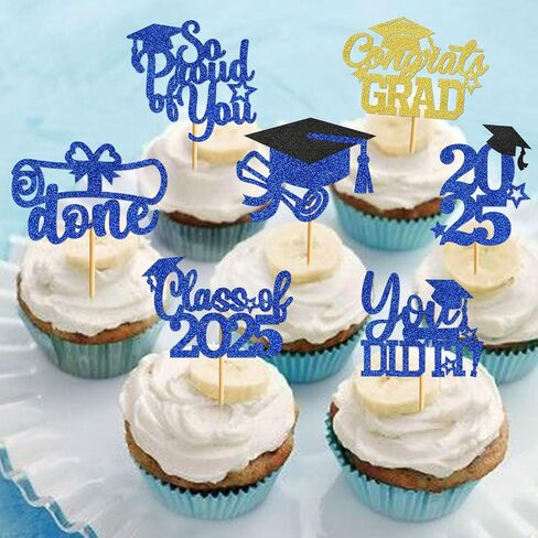 تخرج Cupcake Toppers 2025 فئة زخارف التخرج من 2025 Cupcake يختار 2025 Cupcake Toppers Grad Grad Decorations 2025 (40pcs Blue Glitter) in Kuwait