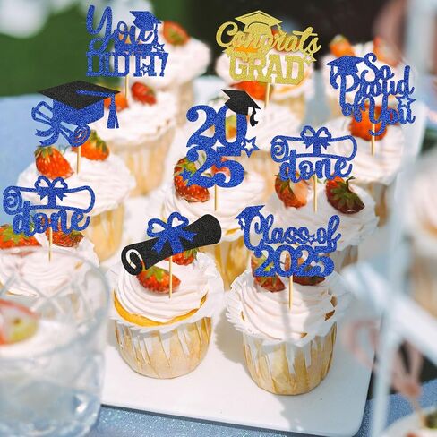 تخرج Cupcake Toppers 2025 فئة زخارف التخرج من 2025 Cupcake يختار 2025 Cupcake Toppers Grad Grad Decorations 2025 (40pcs Blue Glitter) in Kuwait