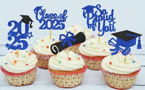 تخرج Cupcake Toppers 2025 فئة زخارف التخرج من 2025 Cupcake يختار 2025 Cupcake Toppers Grad Grad Decorations 2025 (40pcs Blue Glitter) in Kuwait