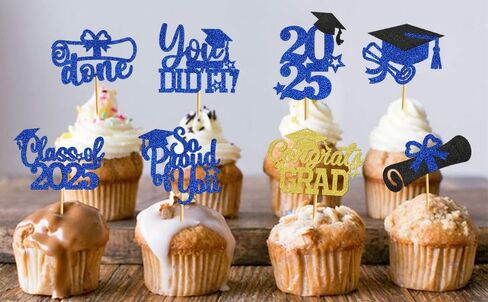 تخرج Cupcake Toppers 2025 فئة زخارف التخرج من 2025 Cupcake يختار 2025 Cupcake Toppers Grad Grad Decorations 2025 (40pcs Blue Glitter) in Kuwait