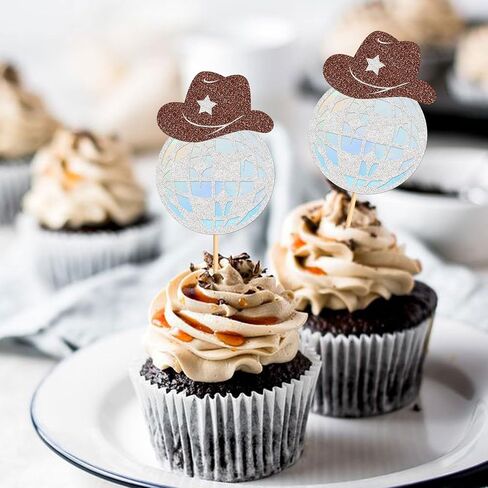 24 Sparkling Disco Ball Cowboy Hat Cupcake Topper Western Disco Ball Paper Cupcake Topper Selection Birthday Disco 2000s Theme Party Single Women's Birthday Party Supplies Pink in Saudi Arabia