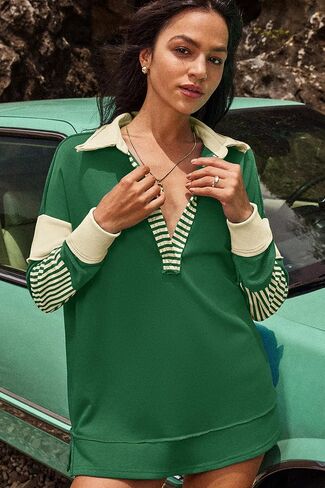 ReachMe Womens Oversized Striped Sweatshirts V Neck Loose Fit Tunic Colorblock Polo Shirts Patchwork Pullover Tops in Kuwait