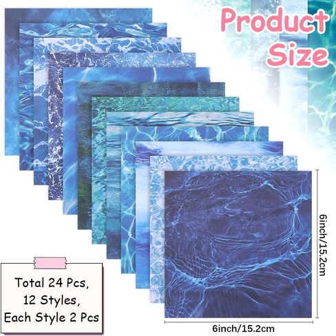 CRASPIRE 24PCS خلفية المياه الورق الورق 6 × 6in كاديت البحر الأزرق البحر المحيط الملمس منقوش البطاقة بطاقة ديكور أوراق الورق الزخرفية لألبوم أوراق سكانج جورنال in Kuwait