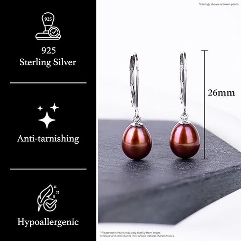 أقراط متدلية من الفضة الإسترليني عيار 925 لؤلؤ أصلي للمياه العذبة مقاس 8 مم للنساء in Kuwait