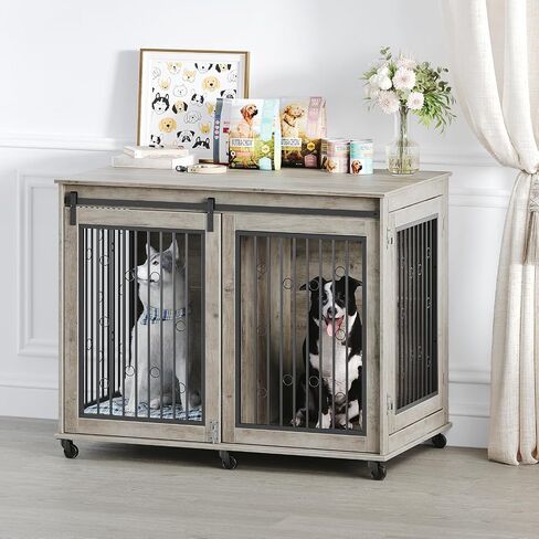48'' Dog Crate Furniture with Divider for 2 Medium to Large Dogs, Wooden Cage End Table, Heavy Duty Indoor Puppy Kennel with Removable Divider and Sliding Door, Grey in Saudi Arabia