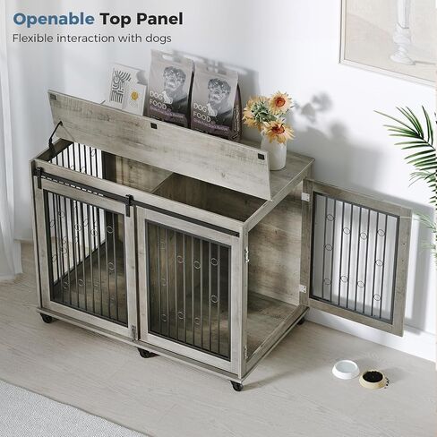 48'' Dog Crate Furniture with Divider for 2 Medium to Large Dogs, Wooden Cage End Table, Heavy Duty Indoor Puppy Kennel with Removable Divider and Sliding Door, Grey in Saudi Arabia