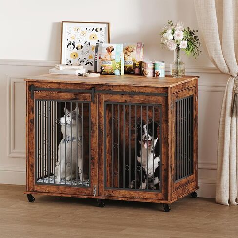 48'' Dog Crate Furniture with Divider for 2 Medium to Large Dogs, Wooden Cage End Table, Heavy Duty Indoor Puppy Kennel with Removable Divider and Sliding Door, Grey in Saudi Arabia