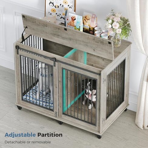 48'' Dog Crate Furniture with Divider for 2 Medium to Large Dogs, Wooden Cage End Table, Heavy Duty Indoor Puppy Kennel with Removable Divider and Sliding Door, Grey in Saudi Arabia