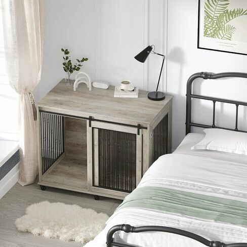 48'' Dog Crate Furniture with Divider for 2 Medium to Large Dogs, Wooden Cage End Table, Heavy Duty Indoor Puppy Kennel with Removable Divider and Sliding Door, Grey in Saudi Arabia