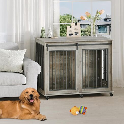 48'' Dog Crate Furniture with Divider for 2 Medium to Large Dogs, Wooden Cage End Table, Heavy Duty Indoor Puppy Kennel with Removable Divider and Sliding Door, Grey in Saudi Arabia